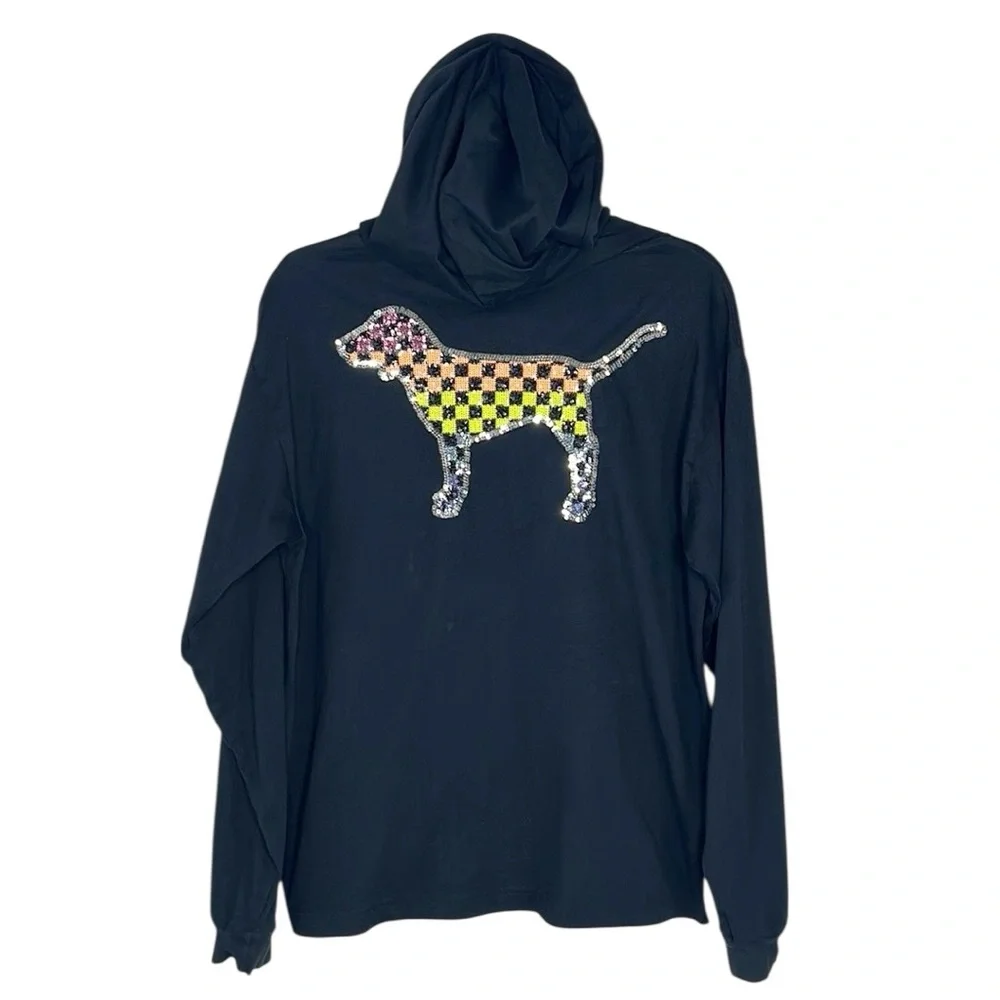Victoria’s Secret PINK Rainbow Sequined Checkered Dog Hooded Tee size Large - Picture 15 of 15